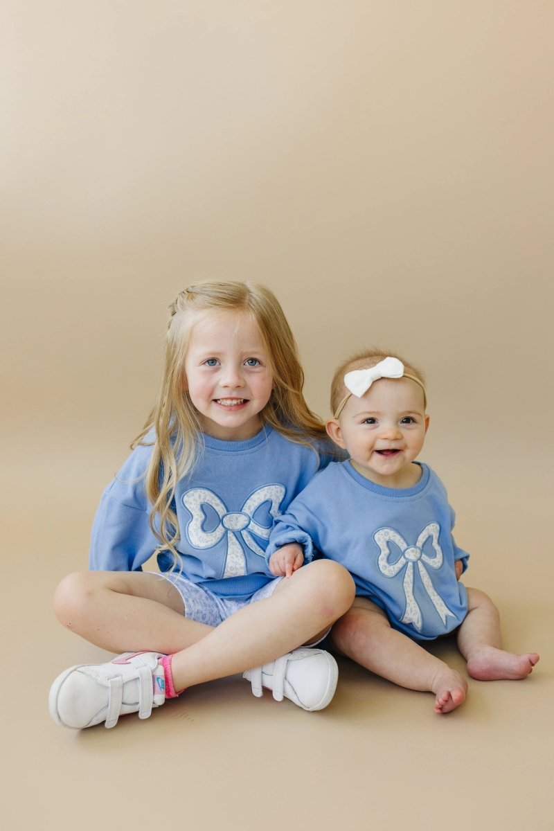 Little Joy Co. Blue Toile Applique Bow Crewneck Sweatshirt Romper Style - Everetts Place Boutique - 