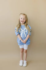 Little Joy Co. Blue Toile Applique Bow Crewneck Sweatshirt Romper Style - Everetts Place Boutique - 