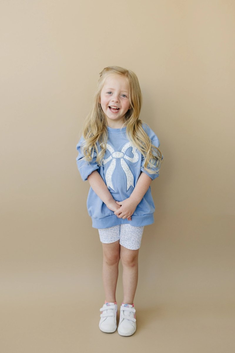 Little Joy Co. Blue Toile Applique Bow Crewneck Sweatshirt Romper Style - Everetts Place Boutique - 