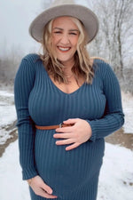 PinkBlush Blue V - Neck Long Sleeve Fitted Maternity Maxi Dress - 