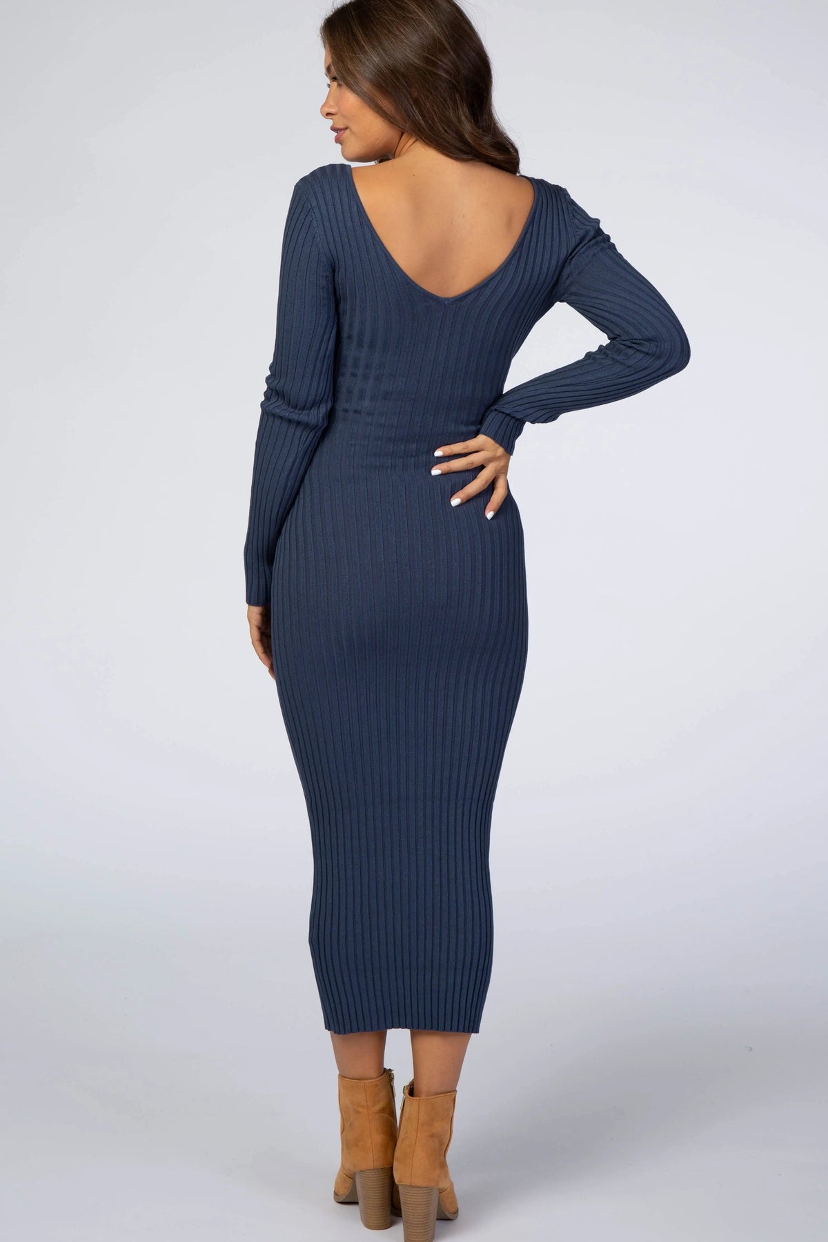PinkBlush Blue V - Neck Long Sleeve Fitted Maternity Maxi Dress - 