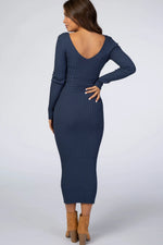 PinkBlush Blue V - Neck Long Sleeve Fitted Maternity Maxi Dress - 