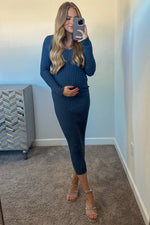 PinkBlush Blue V - Neck Long Sleeve Fitted Maternity Maxi Dress - 