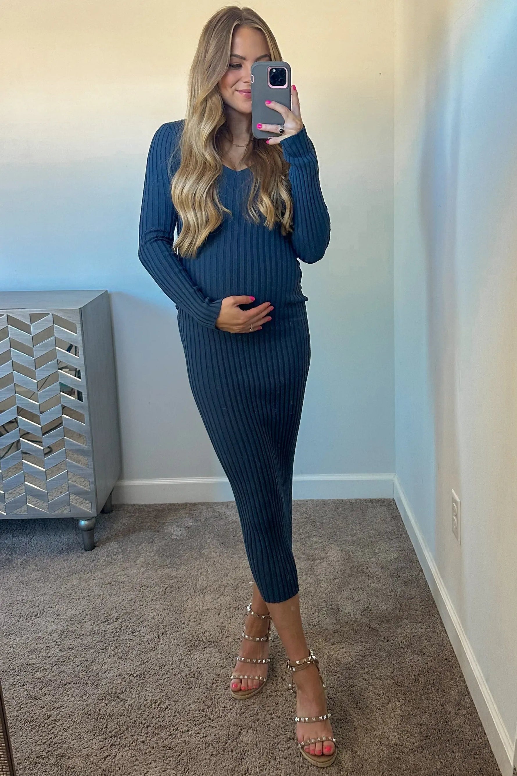 PinkBlush Blue V - Neck Long Sleeve Fitted Maternity Maxi Dress - 