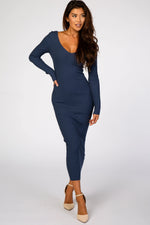 PinkBlush Blue V - Neck Long Sleeve Fitted Maternity Maxi Dress - 