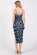 PinkBlush Blue Velvet Floral Ruched Mesh Midi Dress - 