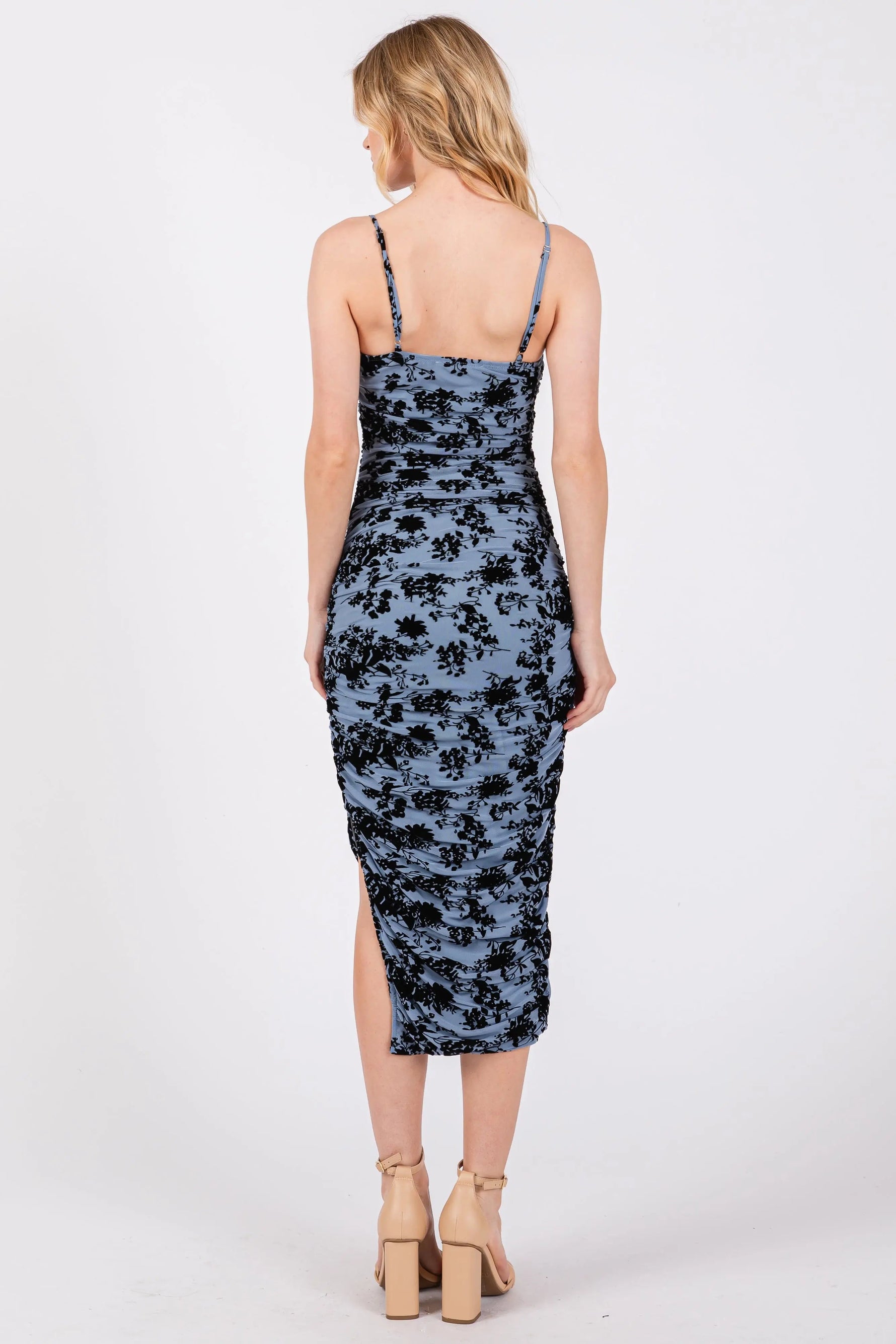 PinkBlush Blue Velvet Floral Ruched Mesh Midi Dress - 