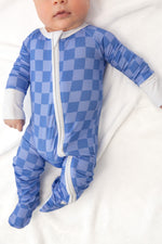 Blue Checkered Bamboo Baby Onesie | Double Zip Sleeper with Foldover Mittens & Footies by Rayn’s Tiny Stitches