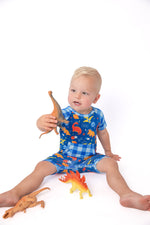Space Dinosaur Bamboo Short Romper | Electric Blue by Rayn’s Tiny Stitches