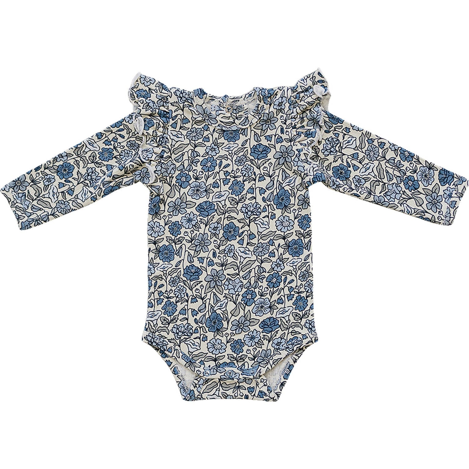 Baby bodysuit in blue floral pointelle with ruffle sleeves and snap closures at the bottom