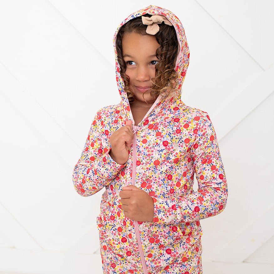 Blush bloom floral zipper hoodie for kids with a lined hood and front kangaroo pockets