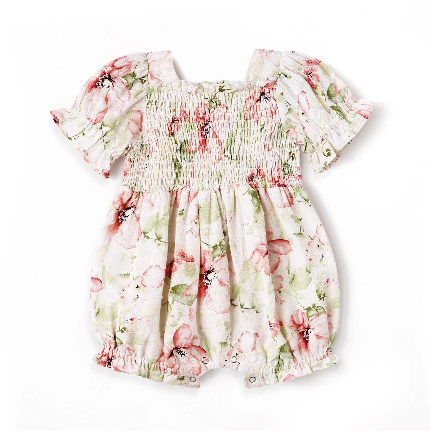Tesa Babe Blush Bouquet Smocked Bodice Puff Sleeve Baby Girl Romper - 