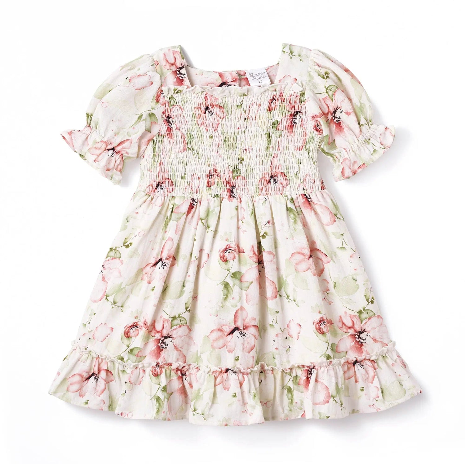 Tesa Babe Blush Bouquet Smocked Bodice Puff Sleeve Dress - 