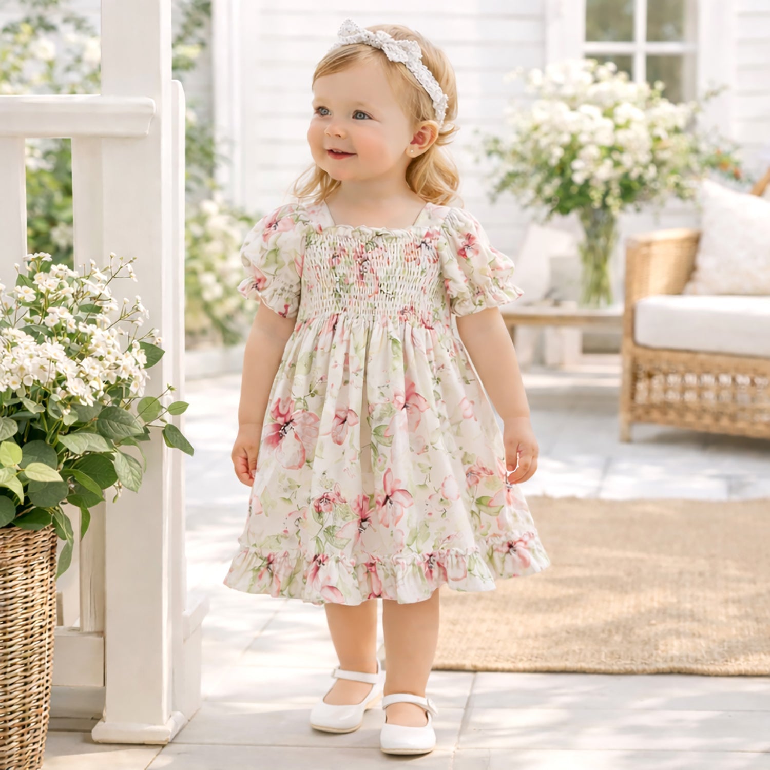 Tesa Babe Blush Bouquet Smocked Bodice Puff Sleeve DressEveretts Place