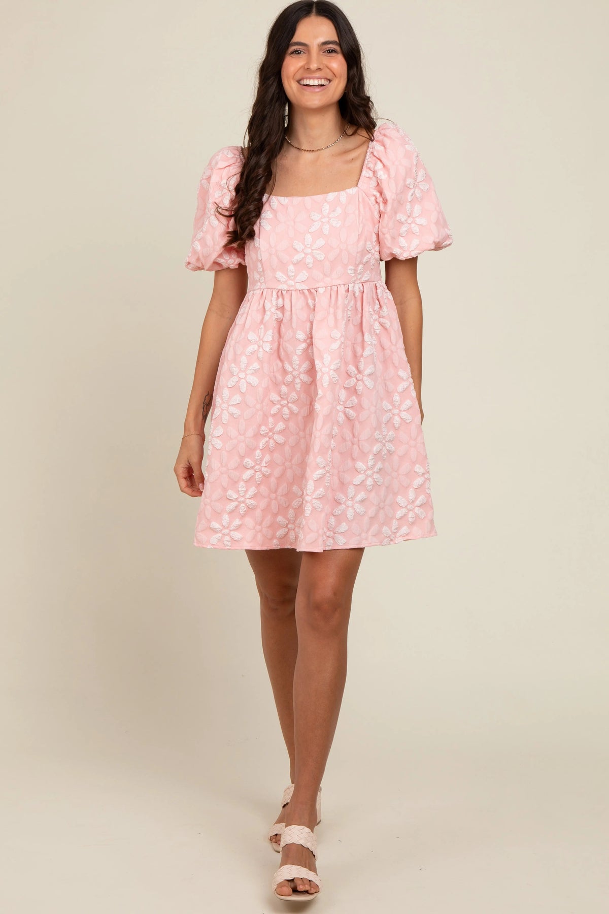 PinkBlush Blush Floral Embossed Puff Sleeve Dress - 