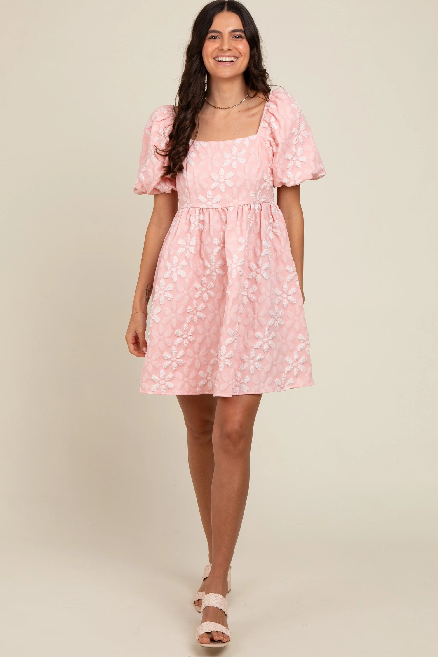 PinkBlush Blush Floral Embossed Puff Sleeve Dress - 