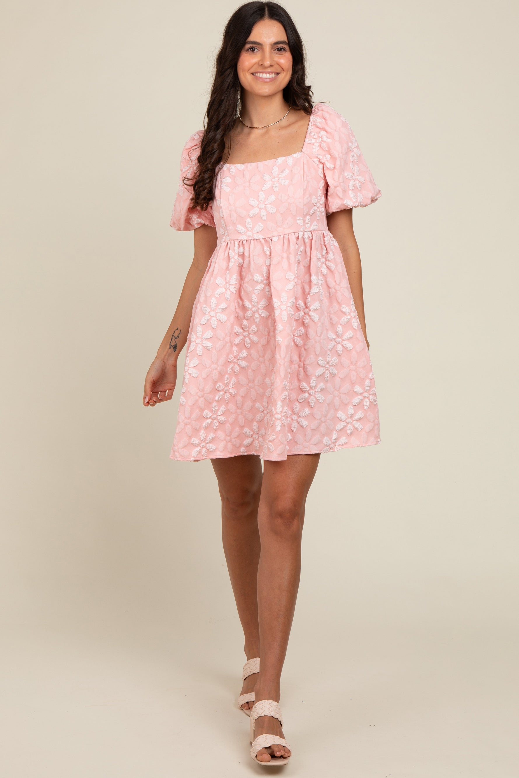 PinkBlush Blush Floral Embossed Puff Sleeve Maternity DressEveretts Place