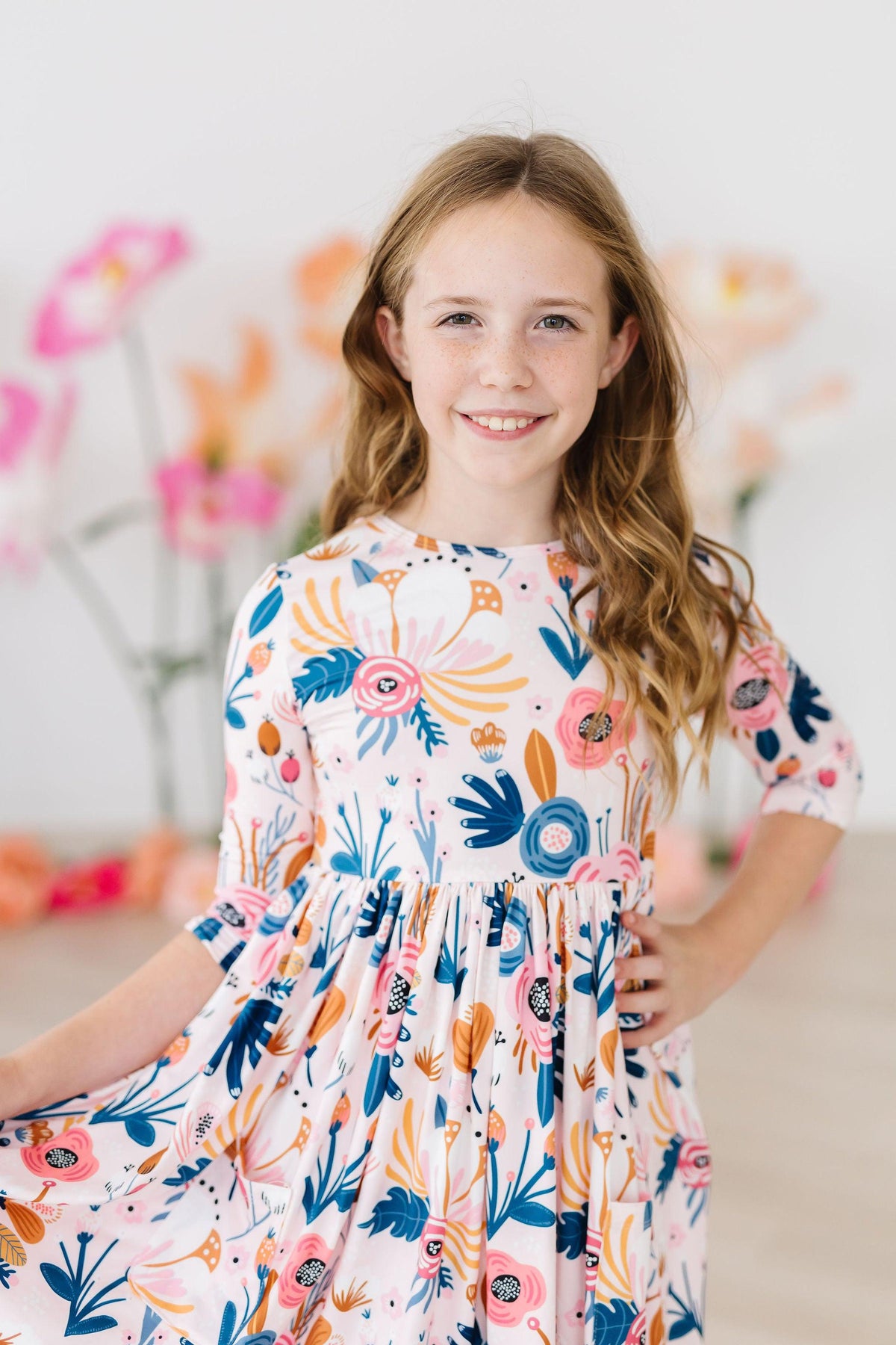 Mila & Rose ® Blush Peony 3/4 Sleeve Pocket Twirl DressEveretts Place