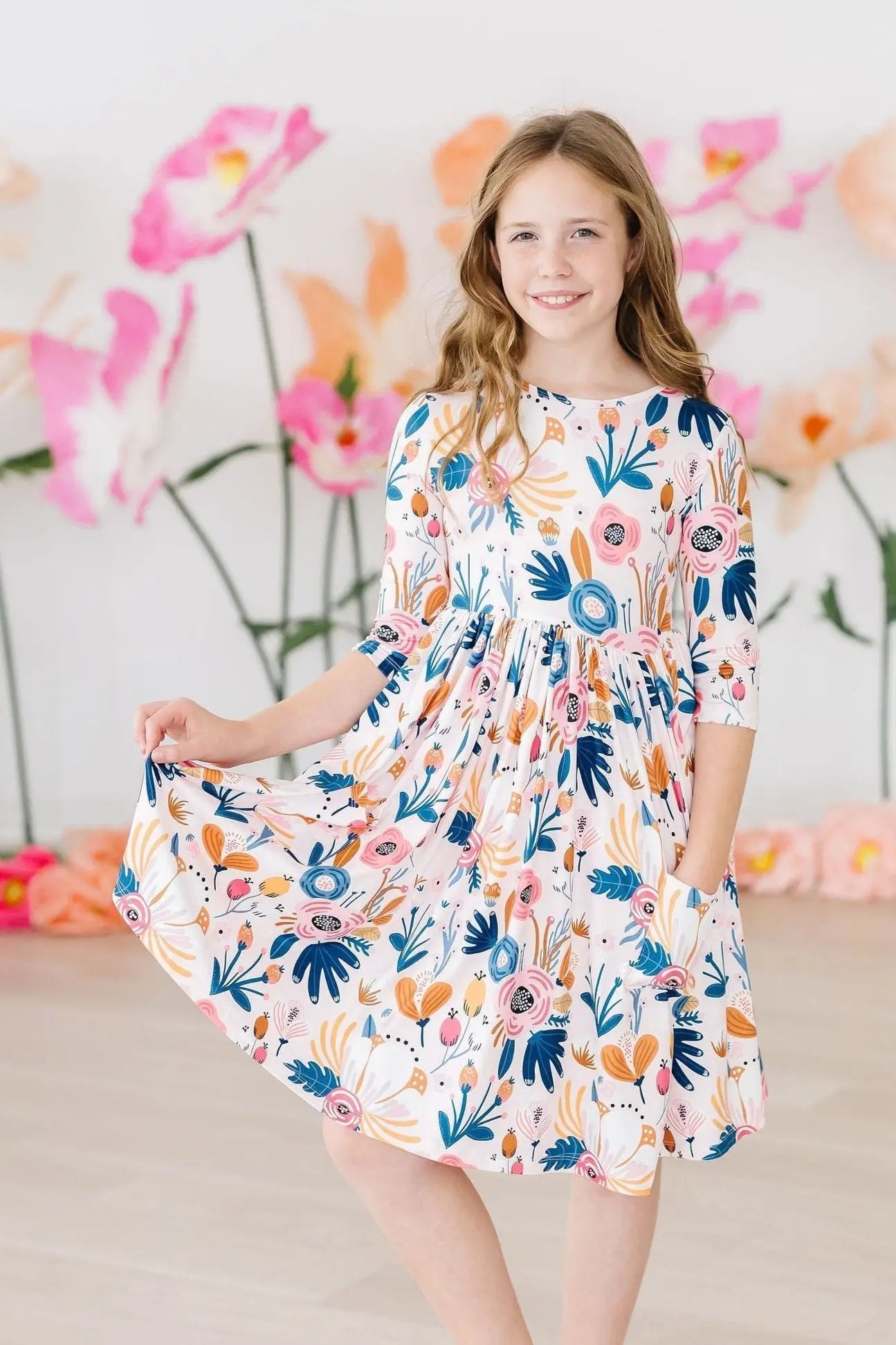 Mila & Rose ® Blush Peony 3/4 Sleeve Pocket Twirl Dress - 