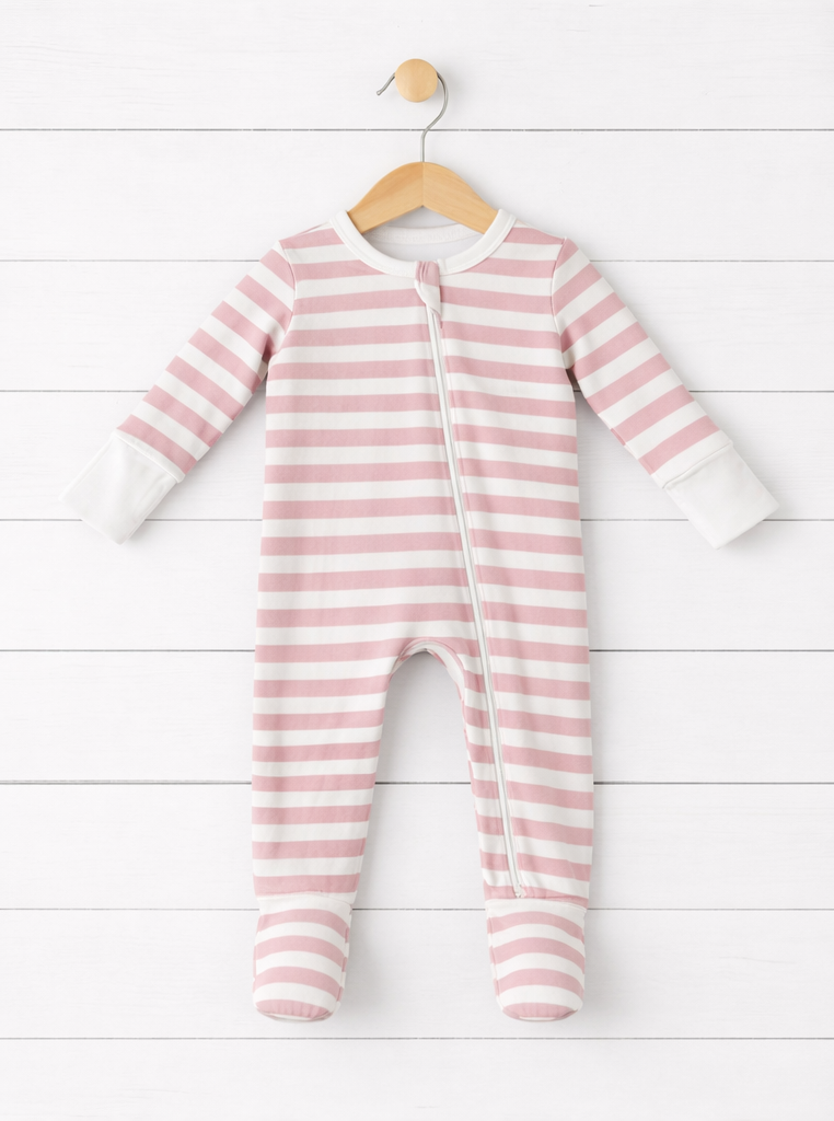 Baby footie pajama in blush and white stripes with two-way zipper and covered feet