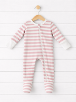 Baby footie pajama in blush and white stripes with two-way zipper and covered feet
