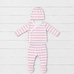 Newborn three-piece set in blush stripes with long sleeve wrap top, footed pants and matching top knot hat
