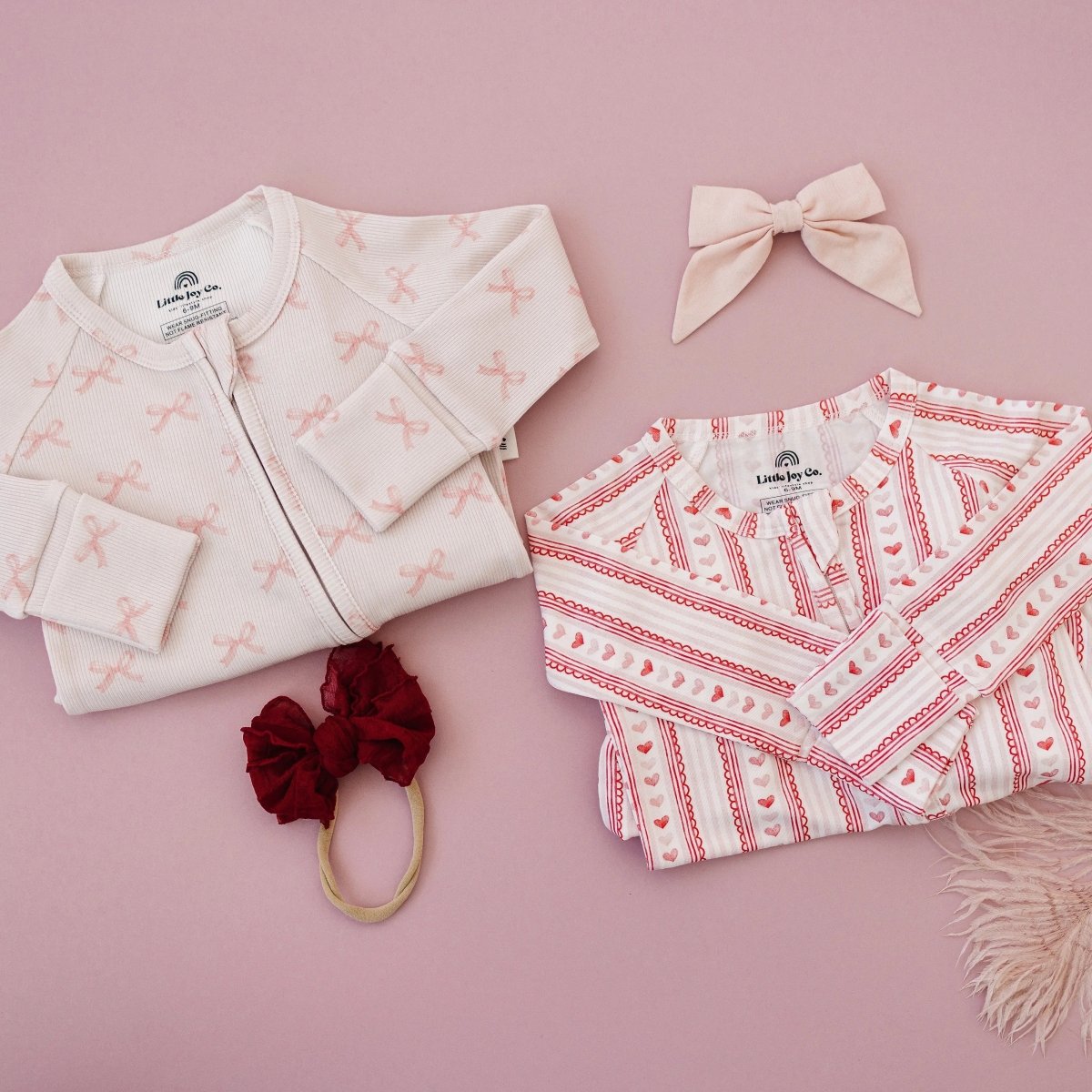 Little Joy Co. Blushing Bows Ribbed Bamboo Zippy Romper With Foldover Feet - Everetts Place Boutique - 