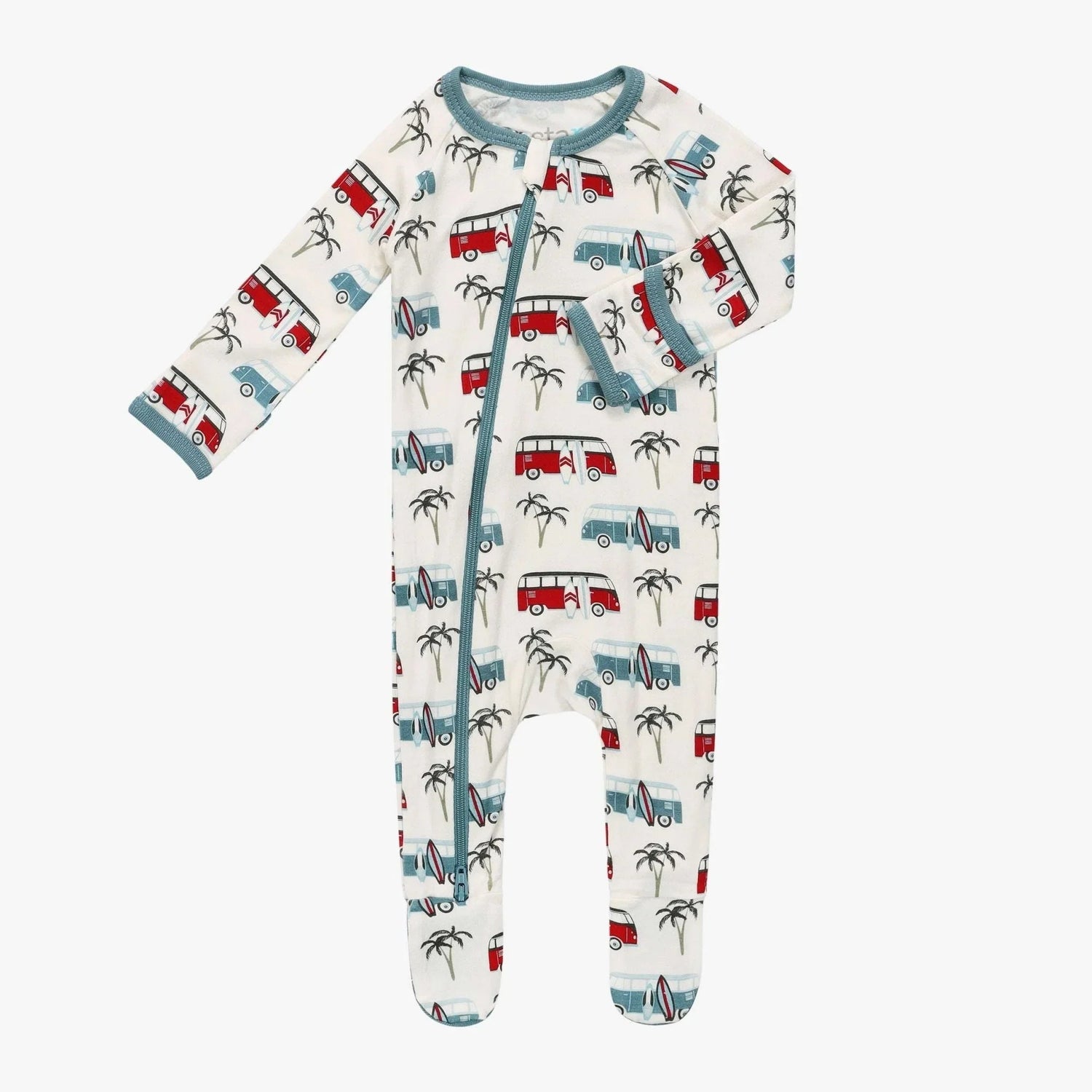 Baby footie pajamas with a boards and buses print, full-length zipper, and fold-over hand mittens
