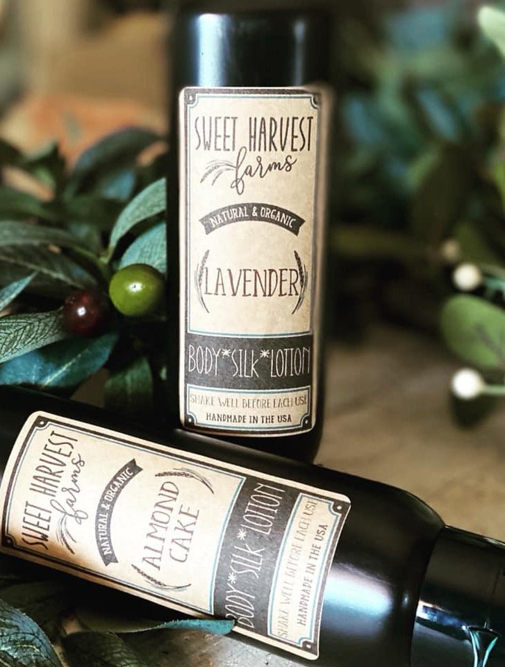 Bottle of Sweet Harvest Farms Organic Body Silk lotion for soft, hydrated skin