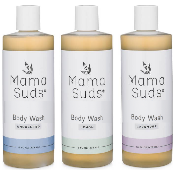 MamaSuds Body Wash Soap in unscented, lemon, and lavender varieties, cruelty-free, eco-conscious, 16 oz bottles.