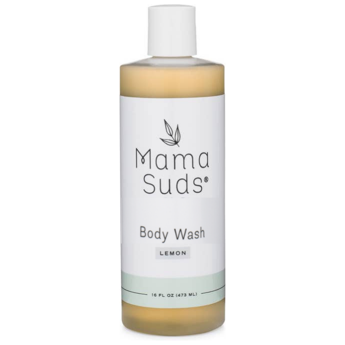 MamaSuds Body Wash Soap with lemon essential oil in a recyclable bottle.