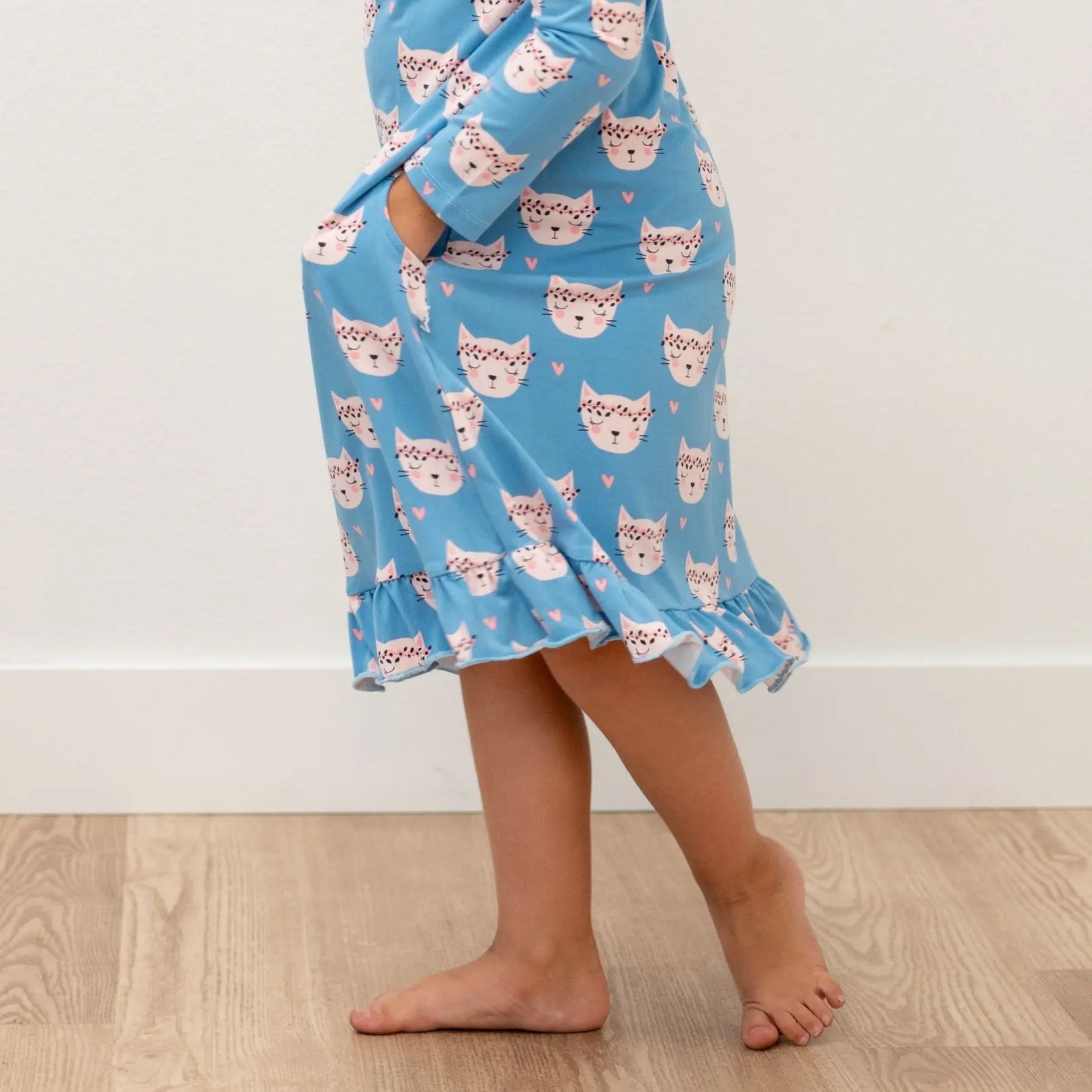 Sweet Bamboo Pretty Pink Cat Boho Dress with Ruffles and Pockets for Girls - Boho Dress Aisle