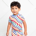 Two-piece short-sleeve pajama set with a bold check pattern, matching top and pants