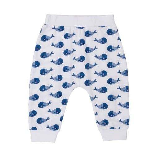 Blue whale Boo Boo Harem Pants for babies, organic cotton blend, elastic waist.