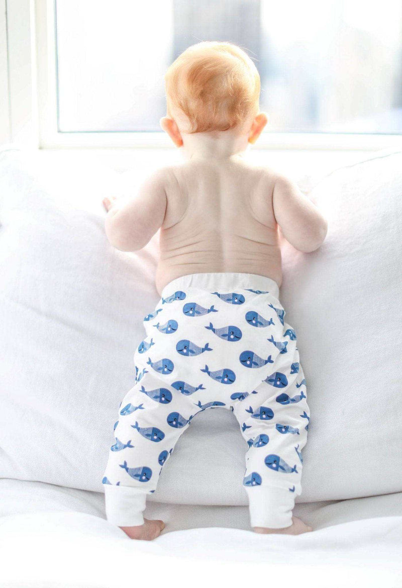 Boo Boo Harem Pants with blue whale print, organic cotton, elastic waist for babies.