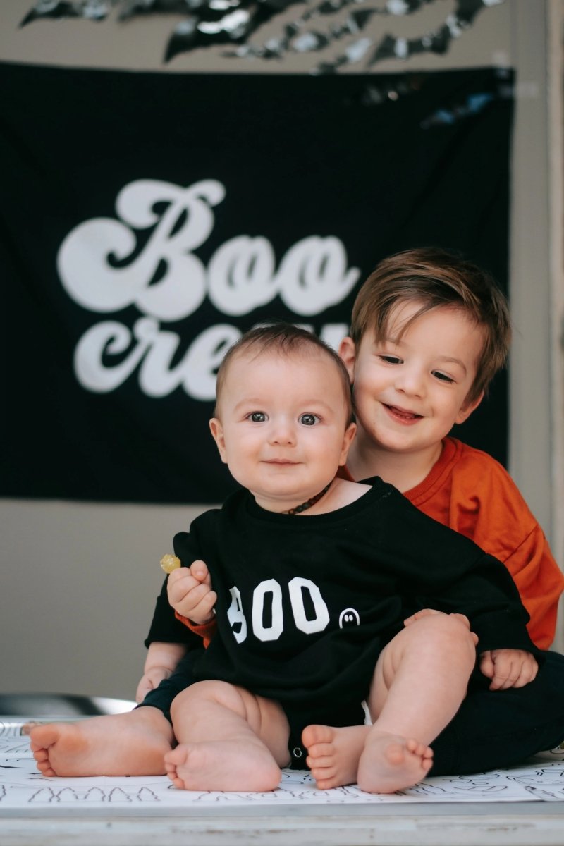 Little Joy Co. Boo Graphic Oversized Sweatshirt Romper With Snap Closure - Everetts Place Boutique - 