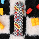 Bamboo baby swaddle blanket in a bold checked pattern, spread flat to show the print.