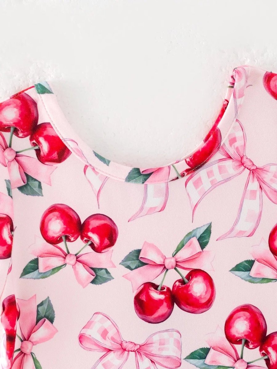 Rylee Faith Designs Bow Cherry Cute Girls Dress with Comfortable Fit and Adorable Print - Everetts Place Boutique - 
