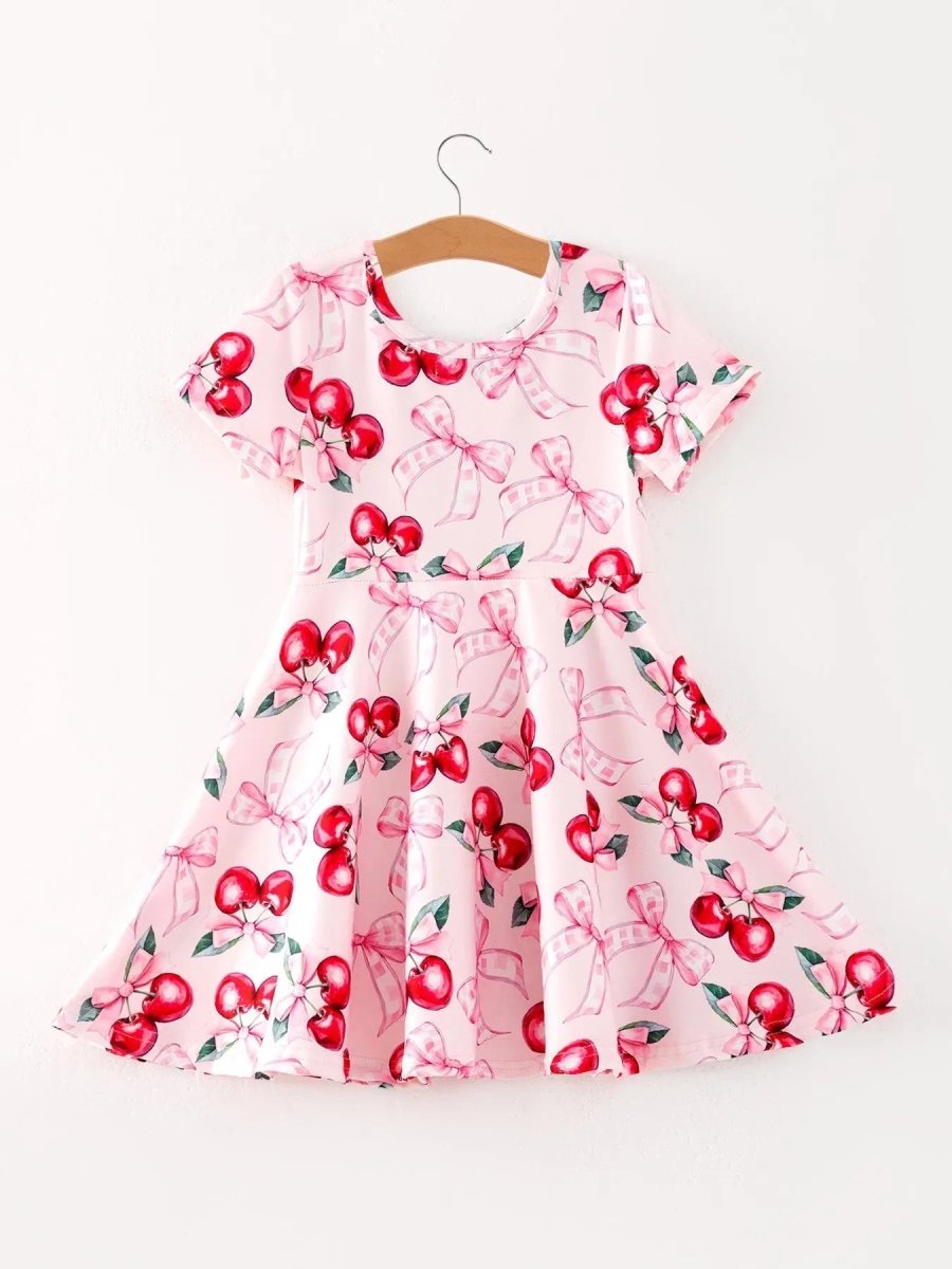 Rylee Faith Designs Bow Cherry Cute Girls Dress with Comfortable Fit and Adorable Print - Everetts Place Boutique - 