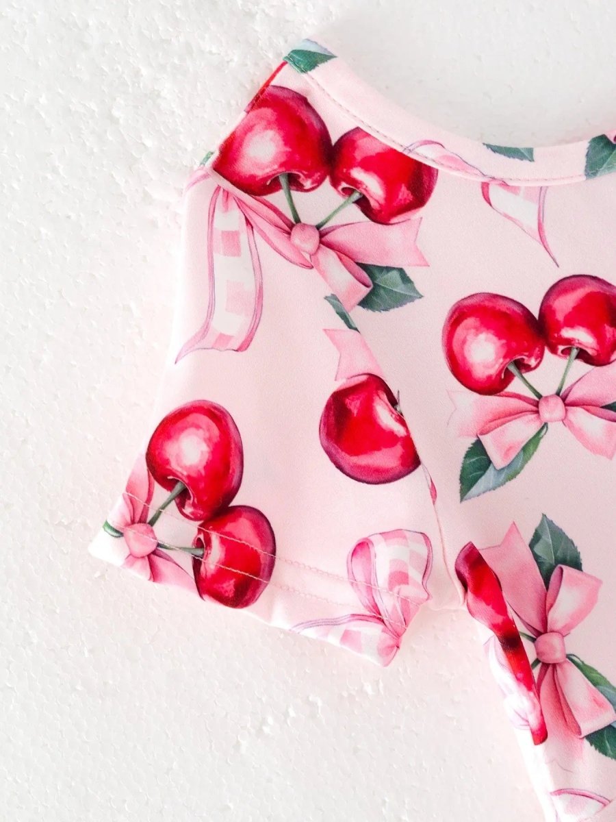 Rylee Faith Designs Bow Cherry Cute Girls Dress with Comfortable Fit and Adorable Print - Everetts Place Boutique - 