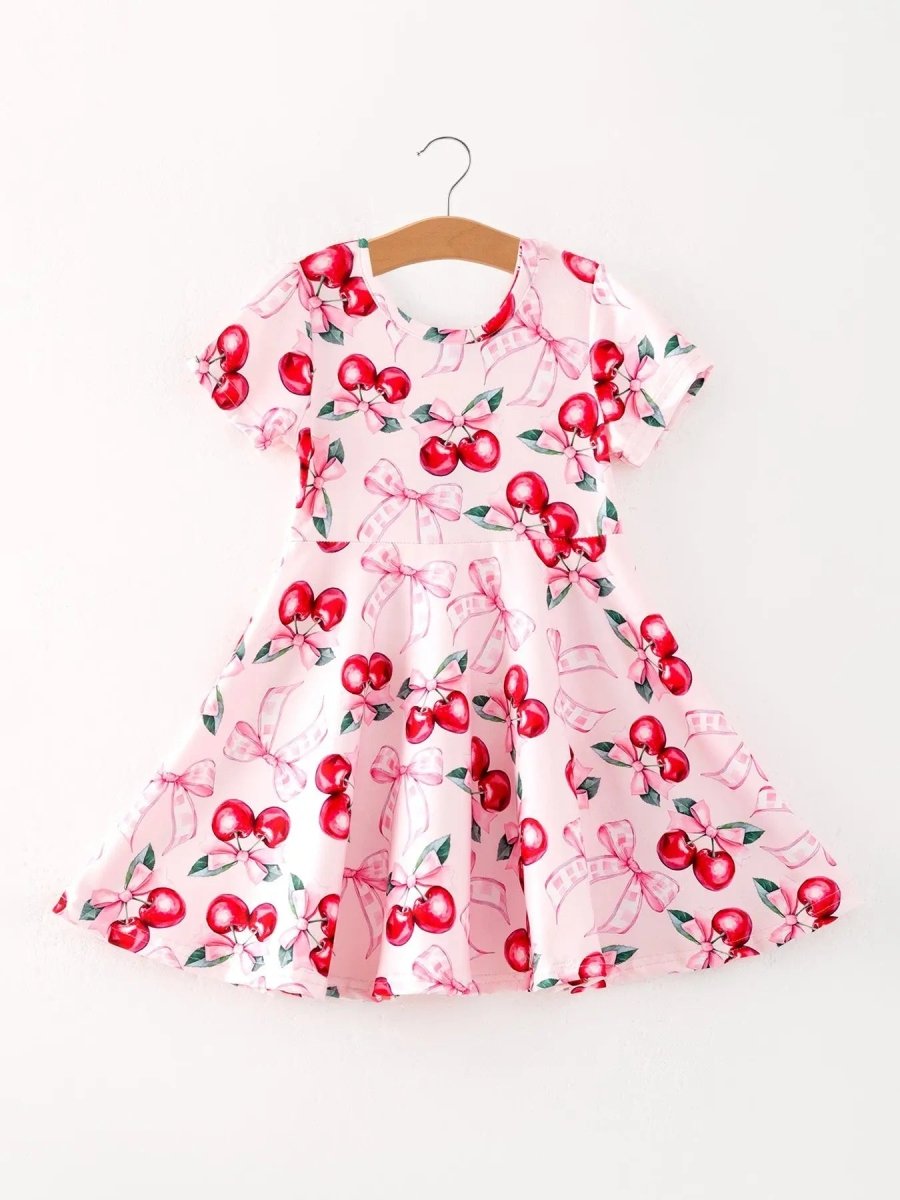Rylee Faith Designs Bow Cherry Cute Girls Dress with Comfortable Fit and Adorable Print - Everetts Place Boutique - 