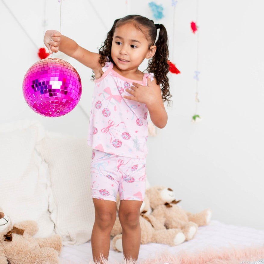 Baby flutter sleeve tank top and matching shorts set in a disco ball and bows print