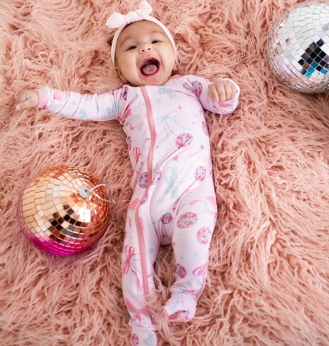 Bestaroo Bowtastic Boogie Footie For Babies In Bamboo With Disco Balls And Bows Print - 