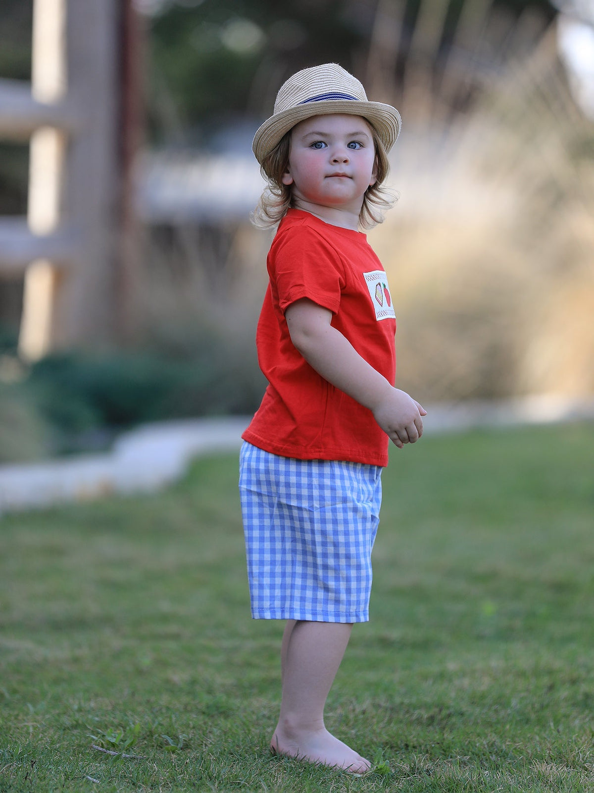 Rylee Faith Designs Boys Back to School Pencil Apple Applique Plaid Shorts SetEveretts Place