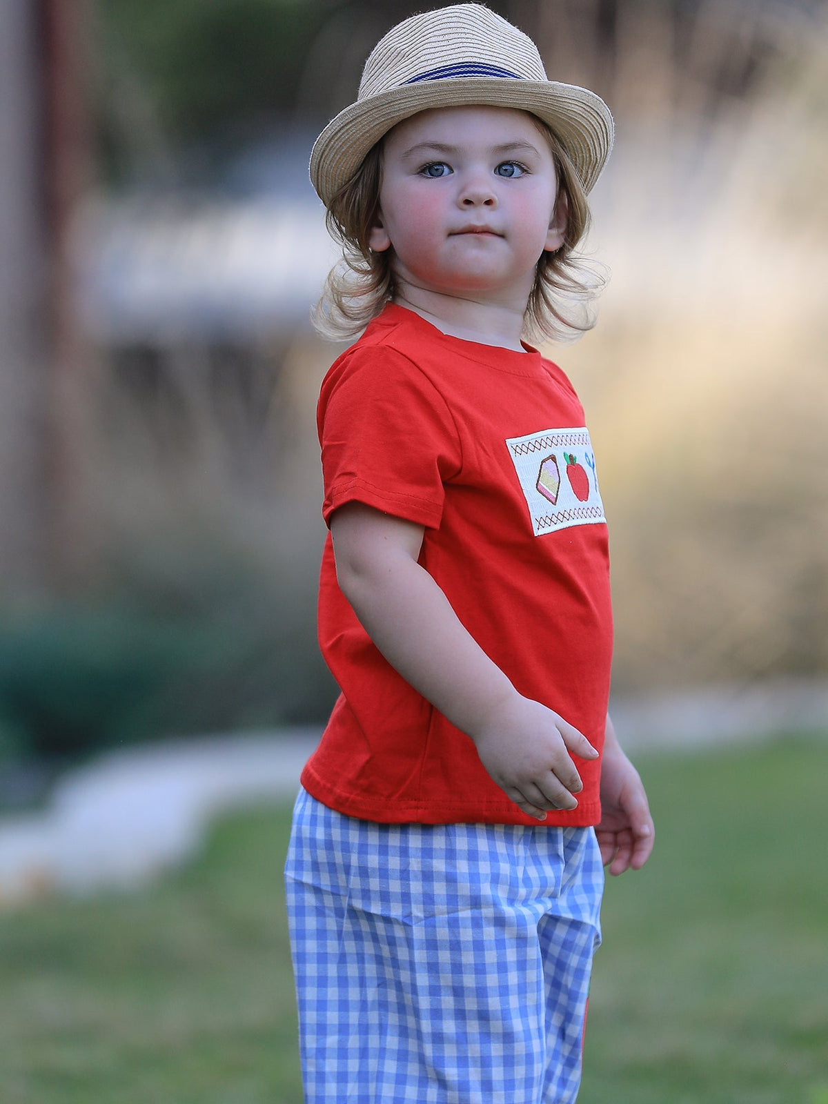 Rylee Faith Designs Boys Back to School Pencil Apple Applique Plaid Shorts SetEveretts Place