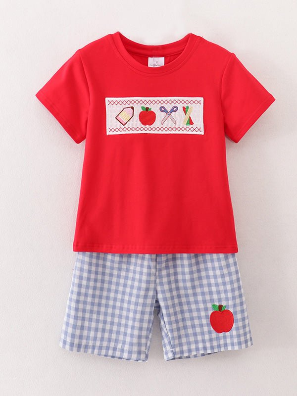 Rylee Faith Designs Boys Back to School Pencil Apple Applique Plaid Shorts SetEveretts Place
