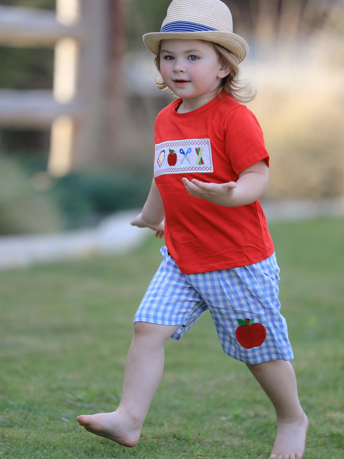 Rylee Faith Designs Boys Back to School Pencil Apple Applique Plaid Shorts SetEveretts Place