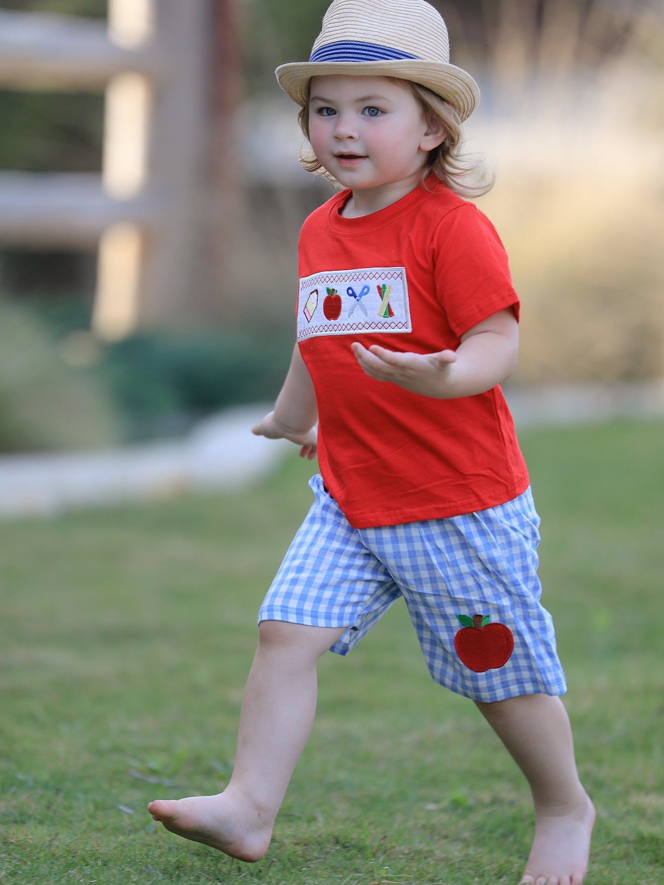 Rylee Faith Designs Boys Back to School Pencil Apple Applique Plaid Shorts SetEveretts Place