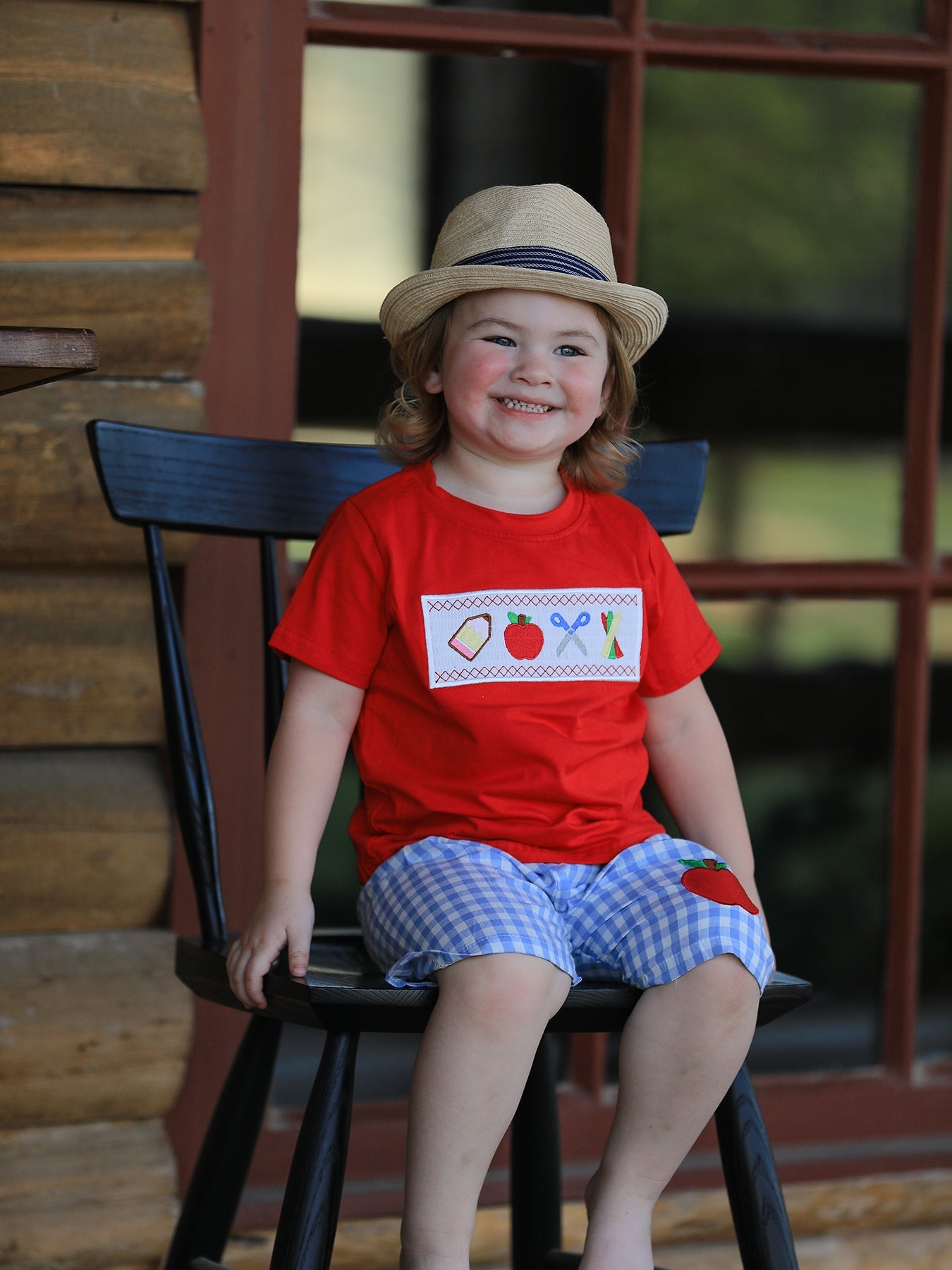 Boys Back to School Pencil Apple Applique Plaid Shorts Set - Sleeve, Smile, Happiness, Hat, Headgear | Everetts Place