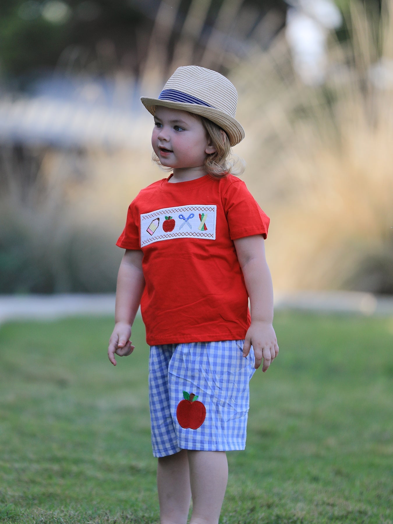 Rylee Faith Designs Boys Back to School Pencil Apple Applique Plaid Shorts SetEveretts Place